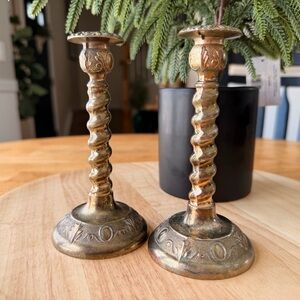 Pair of Vintage English Brass Barley Twist Candleholders